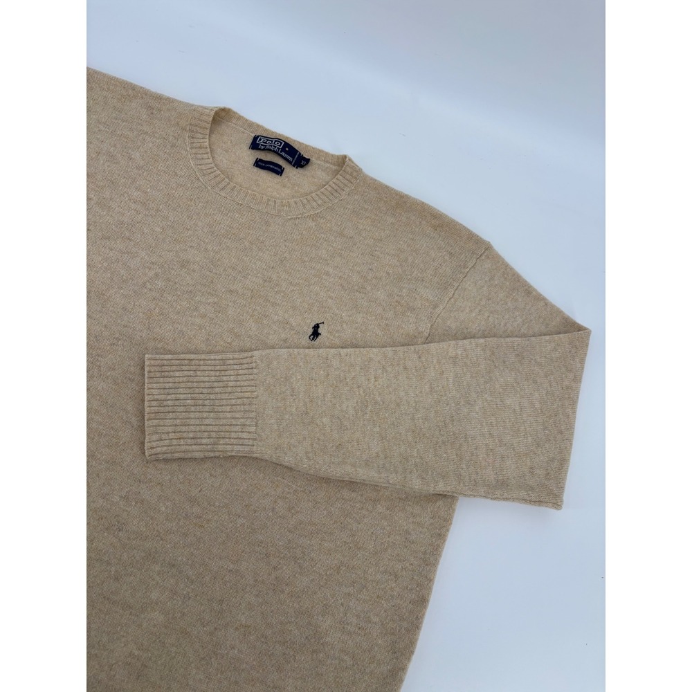 Polo Ralph Lauren Mens XL Tan Lambswool Crewneck Sweater Embroidered Pony Logo